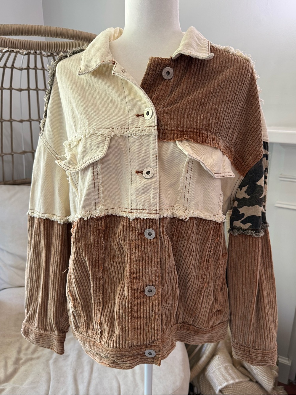 POL Oversized Patchwork Shacket Jacket Small Boho Corduroy Camo